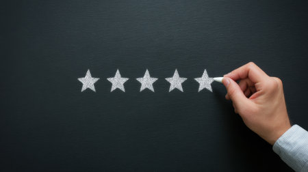 A hand is drawing five stars on a blackboard. The stars are drawn with a marker, and the hand is drawing them in a row. Concept of accomplishment or achievementの素材