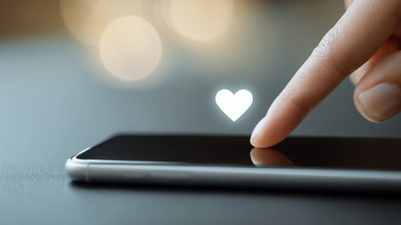 A person is touching a heart on a phone screen. The heart is lit up, and the person is pressing it with their finger. Concept of love, affection, and connectionの素材