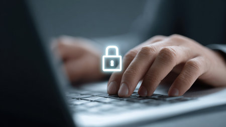A person is typing on a laptop with a lock icon on the screen. Concept of security and protection, as the lock symbolizes the safeguarding of information or dataの素材
