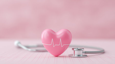 A heart is placed on a pink background with a stethoscope next to it. Concept of care and concern for one's healthの素材