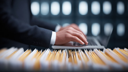 A man is typing on a laptop in front of a stack of papers. Concept of productivity and focus, as the man is working on a task while surrounded by documentsの素材