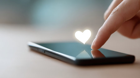 A person is touching a phone screen with a heart symbol on it. Concept of love and affection, as the person is likely sending a message or a photo to someone they care aboutの素材