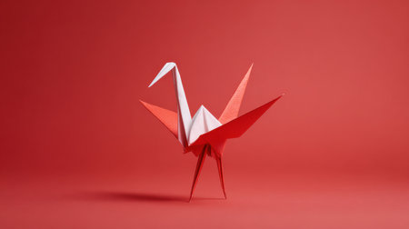 A paper crane is standing on a red background. Concept of delicacy and fragility, as the paper crane is a symbol of Japanese art and culture. The red background adds a boldの素材