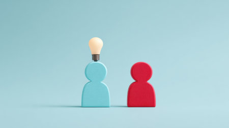 A blue and red figure with a light bulb on top of it. The blue figure is labeled with the word "idea" and the red figure is labeled with the word "light"の素材