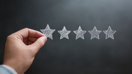 A hand holding up five stars. The stars are drawn in chalk on a black background. Concept of achievement or recognitionの素材