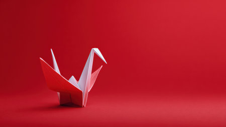 A red background with a white origami bird on it. The bird is a crane and it is folded in halfの素材