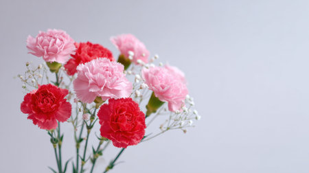 A bouquet of pink and red carnations. The pink flowers are in the middle of the bouquet and the red flowers are on the left side. The arrangement is simple and elegant, with the pinkの素材