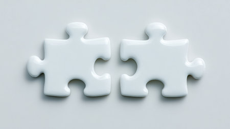 Two white puzzle pieces that are connected. Concept of unity and completenessの素材