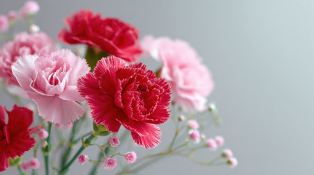 A bouquet of red and pink carnations. The flowers are arranged in a vase and are the main focus of the image. The colors of the flowers create a sense of warmth and happinessの素材