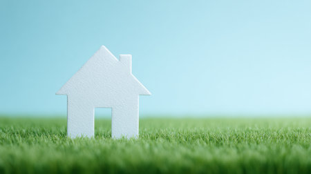 A white house is on a grassy field. The grass is green and the sky is blueの素材