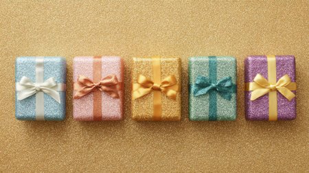 A row of five colorful boxes with ribbons on them. The boxes are of different colors and sizesの素材