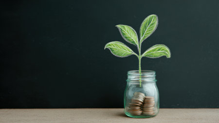A jar with coins and a plant inside. The jar is on a table. The plant is green and has leavesの素材