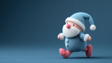 A blue stuffed santa with red shoes and a blue hat is walking on a blue background. The image has a cheerful and playful mood, as the santa is a popular symbol of Christmas and the blueの素材