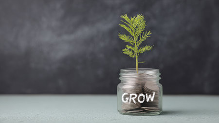 A small plant is growing in a jar with the word "grow" written on it. The jar is filled with coins, which could represent the idea of saving money or investing in the futureの素材
