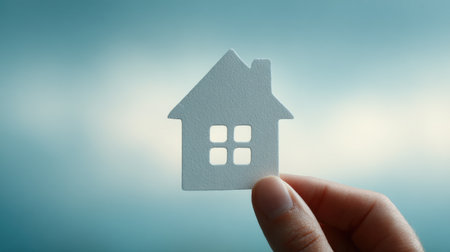 A hand holding a white house model. The house is made of paper and has a window. Concept of creativity and playfulnessの素材