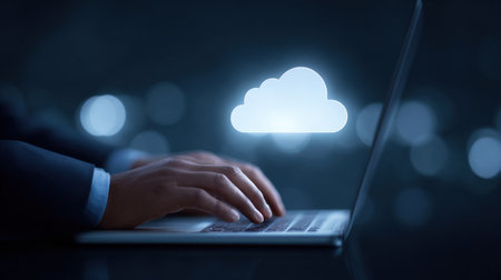 A person is typing on a laptop with a cloud icon on the screen. Concept of working on a project or task that requires a lot of storage space, such as a large file or databaseの素材