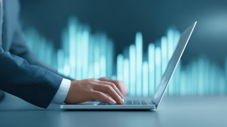 A man is typing on a laptop with a blue background. Concept of productivity and focus, as the man is working on a task on his computer. The blue background adds a calmingの素材