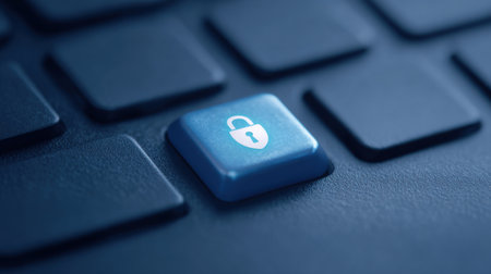 A blue keypad with a lock symbol on it. The lock symbol is on the keypad, which is a part of a laptop keyboardの素材