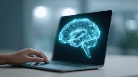 A person is typing on a laptop with a brain image on the screen. The image is blue and he is a computer-generated brain. Scene is futuristic and technologicalの素材