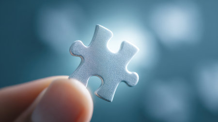 A hand holding a jigsaw puzzle piece. Concept of curiosity and challenge, as the person is holding the piece up to examine it. The blue background adds a calming and serene atmosphere to the sceneの素材