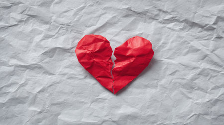 A heart is cut in half on a piece of paper. The heart is red and the paper is white. Concept of sadness and lossの素材