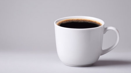 A white coffee cup with a dark brown liquid in it. The cup is sitting on a white tableの素材