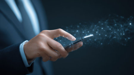 A man is holding a cell phone and pointing at a screen with a blue line. Concept of technology and communication, as the man is using his phone to interact with the screenの素材