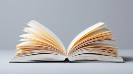A book is open to a page with a yellow spine. The book is on a grey surfaceの素材