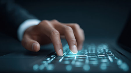 A man is typing on a laptop keyboard with a blue light on the screen. Concept of productivity and focus, as the man is likely working on a task or projectの素材