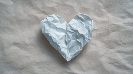 A heart made out of paper is on a white background. The paper is torn and crumpled, giving the heart a sense of fragility and vulnerability. The image conveys a message of loveの素材