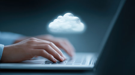 A person is typing on a laptop with a cloud above them. Concept of productivity and focus, as the person is working on their computerの素材