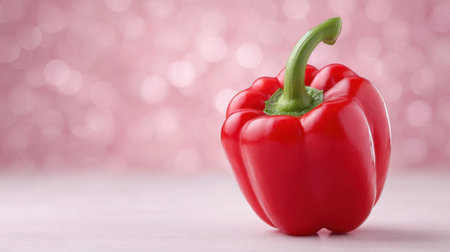 A red pepper sits on a table. The pepper is fresh and ripe. The table is pink in colorの素材