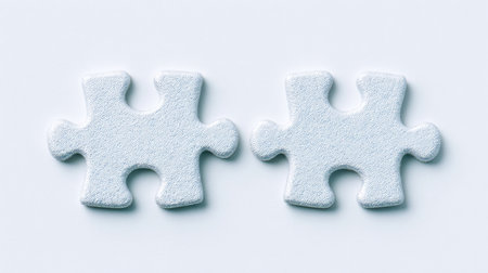 Two puzzle pieces with a silver surface. The puzzle pieces are not connected. Concept of separation and disconnectionの素材