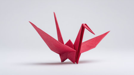 A red origami crane sits on a white background. The crane is made of paper and has a unique design. Concept of creativity and artistry, as well as the delicate nature of origamiの素材