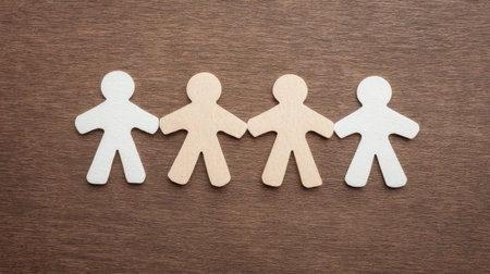 Four paper cutouts of people holding hands. The people are of different colors, and the image conveys a sense of unity and togethernessの素材