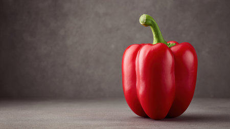 A red pepper sits on a grey surface. The pepper is fresh and ripe, with a green stem protruding from the top. Concept of freshness and natural beautyの素材