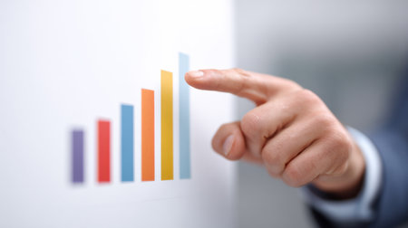 A man is pointing at a graph with a red bar at the top and a blue bar at the bottom. The graph appears to be showing a comparison between two sets of data, with the red bar representing one setの素材