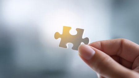 A hand holding a jigsaw puzzle piece. Concept of challenge and accomplishment, as the person is working to complete the puzzle. The puzzle piece itself represents a small part of a larger wholeの素材