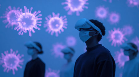 A group of people wearing masks and goggles are standing in front of a wall of purple and pink circlesの素材