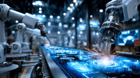 A robot is working on a machine with a blue screen. The robot is surrounded by other robots and machines. The scene is futuristic and industrialの素材