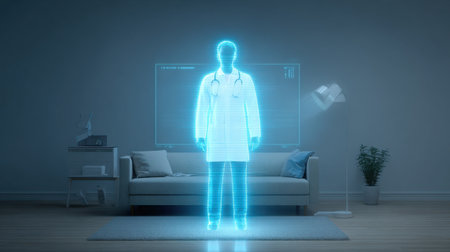 A man in a white coat stands in front of a television screen. The image is a projection of a doctor, and the room is dimly lit. Scene is serious and focusedの素材