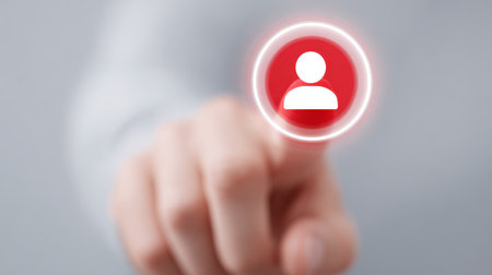 A person is pressing a button that has a red circle with a white face. The person is pointing at the circle, indicating that it is important or relevantの素材