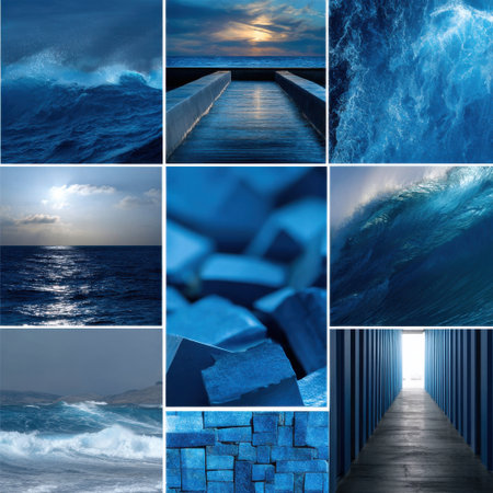The image is a collage of various blue water scenes, including waves, a beach, and a pool. Scene is calm and serene, with the blue hues of the water creating a sense of tranquilityの素材
