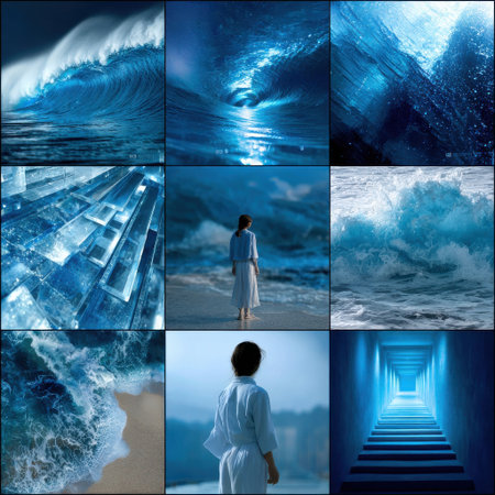 A collage of blue water images with a woman standing on the beach. Scene is calm and serene, with the woman looking out at the oceanの素材