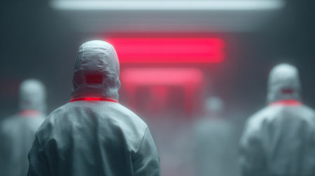 A man in a white coat stands in front of a red wall. The man is wearing a white coat and a mask. The scene is set in a hospital or a medical facilityの素材