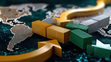 A map of the world with a yellow arrow pointing to a green and white container. The container is surrounded by other containers, some of which are green and some are yellowの素材