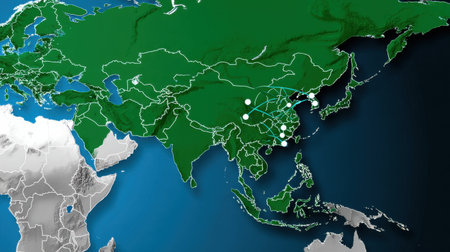 A map of Asia with the countries of China, India, and Japan highlighted. The map is green and blue in colorの素材