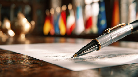 A pen is writing on a piece of paper. The pen is silver and has a gold tip. The paper is white and has a foreign flag on the left sideの素材