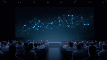 A large screen with a blue background and a starry sky. A crowd of people are watching the screenの素材