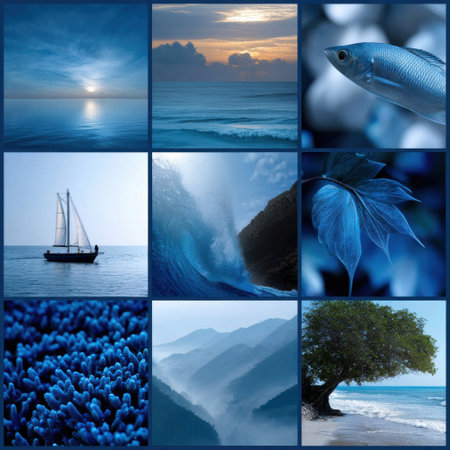 A collage of blue images with a sailboat in the middle. The sailboat is surrounded by mountains and a tree. The blue color scheme gives a sense of calmness and serenityの素材